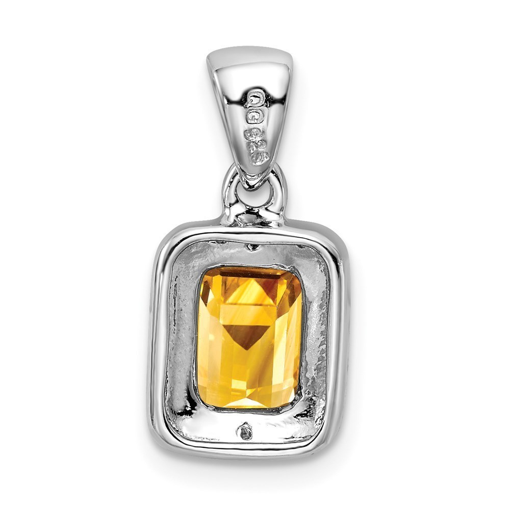 925 Sterling Silver Rhodium Emerald-cut Citrine & Diamond Charm Pendant - Picture 4 of 4